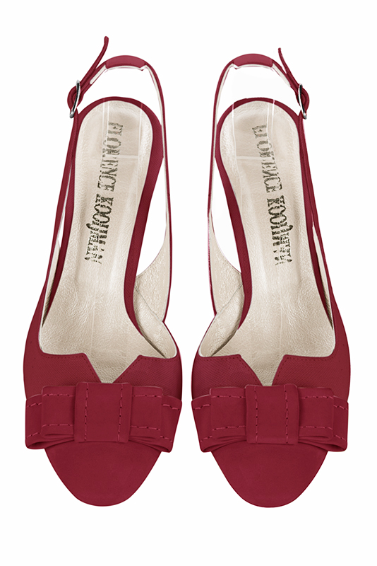 Cardinal red women's open back shoes, with a knot. Round toe. Medium slim heel. Top view - Florence KOOIJMAN